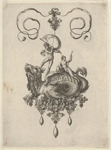Pendant Design with a Sea Monster Ridden by Thetis and a Man with a Sail by Adriaen Collaert, print, 1582