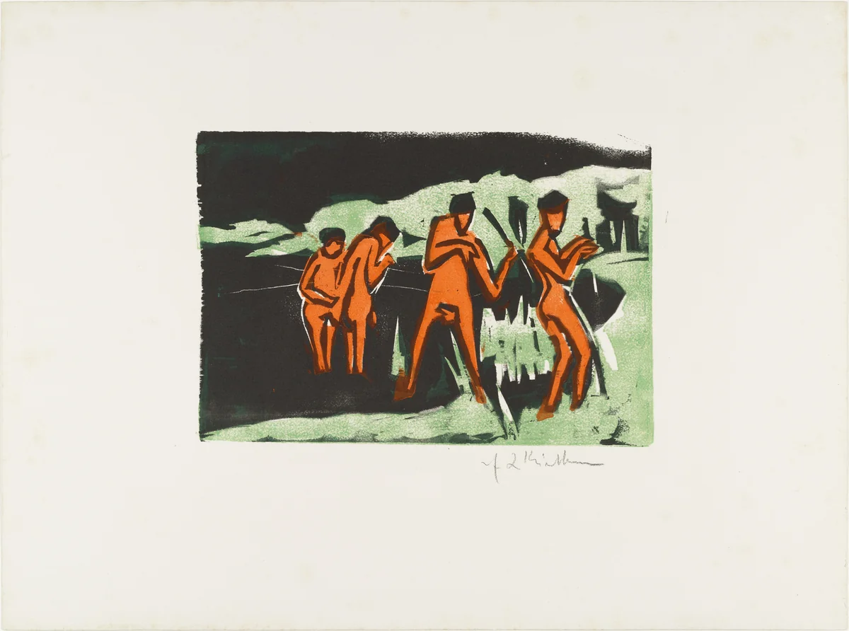 Bathers Throwing Reeds (Mit Schilf werfende Badende) from Brücke 1910 by Ernst Ludwig Kirchner, print, 1909