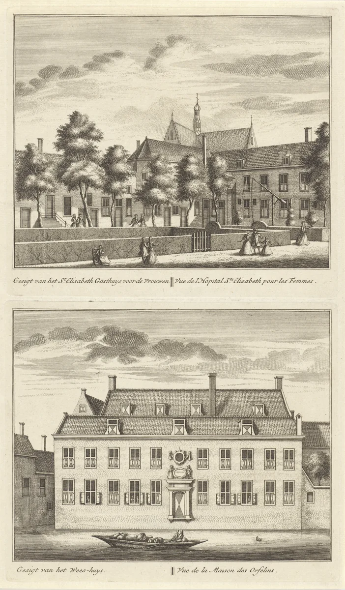 Twee gezichten op Alkmaar met het weeshuis en het Sint-Elisabethgasthuis by Leonard Schenk, print, 1746
