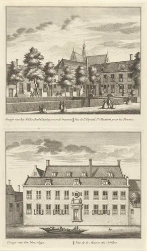 Twee gezichten op Alkmaar met het weeshuis en het Sint-Elisabethgasthuis by Leonard Schenk, print, 1746