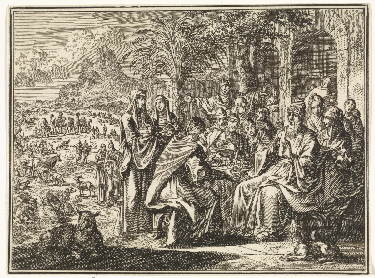 Job in gesprek met zijn vrienden by Jan Luyken, print, 1712
