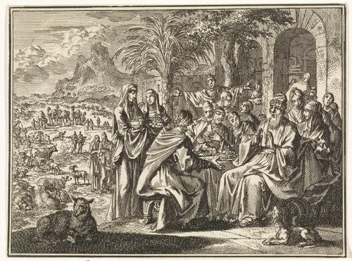 Job in gesprek met zijn vrienden by Jan Luyken, print, 1712