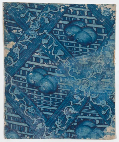 Blue paste paper with striped and floral pattern by anonymous, print, 1755-1775