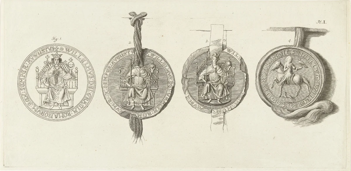 Penning en drie zegels met Willem II by Abraham Delfos, print, 1741-1820