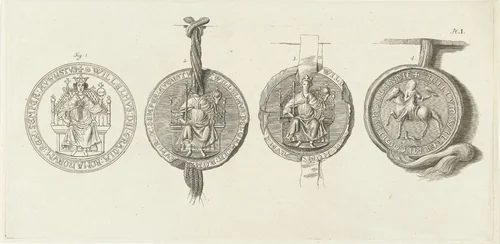 Penning en drie zegels met Willem II by Abraham Delfos, print, 1741-1820