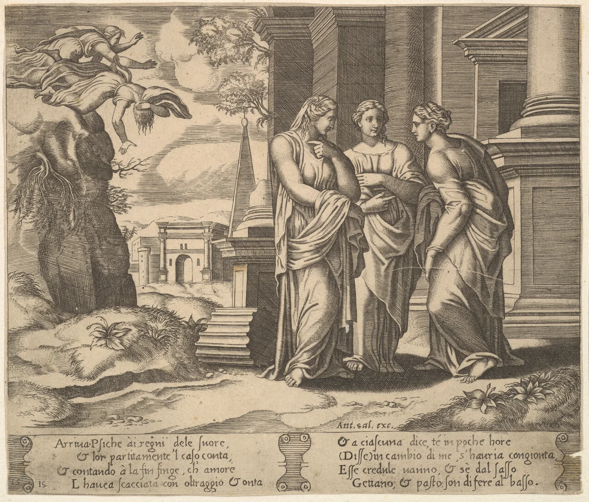 Plate 15: Psyche relating her misfortunes to her sisters, from "The Fable of Cupid and Psyche" by Master of the Die, print, 1530-1560