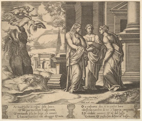 Plate 15: Psyche relating her misfortunes to her sisters, from "The Fable of Cupid and Psyche" by Master of the Die, print, 1530-1560