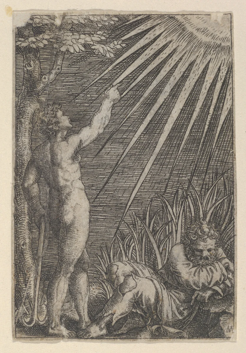 An old man reclining on the ground at right; at left a naked younger man standing pointing toward the sun with and leaning on an anchor by Marcantonio Raimondi, print, 1505-1515