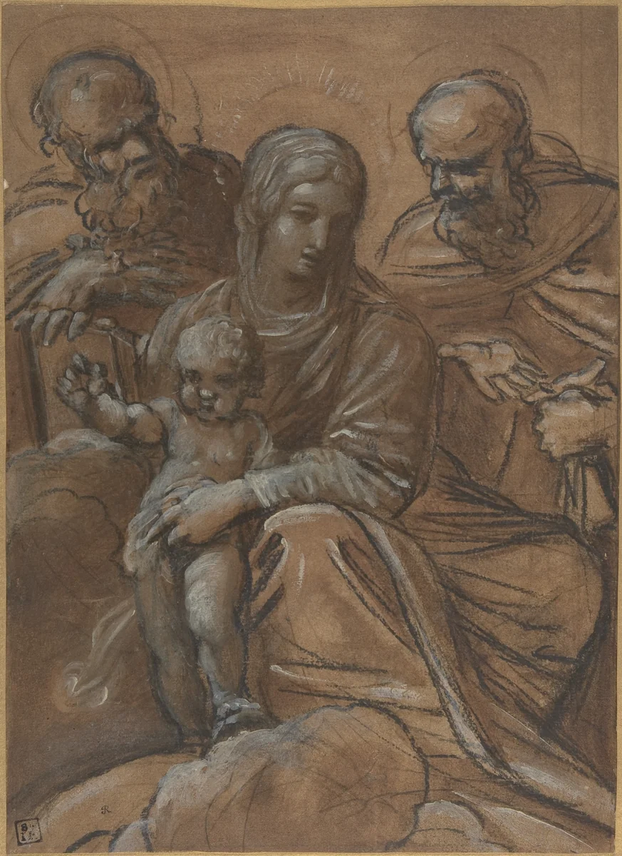 The Virgin and Child with Two Male Saints by Giacomo Cavedone, drawing, 1577-1660