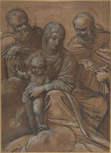 The Virgin and Child with Two Male Saints by Giacomo Cavedone, drawing, 1577-1660