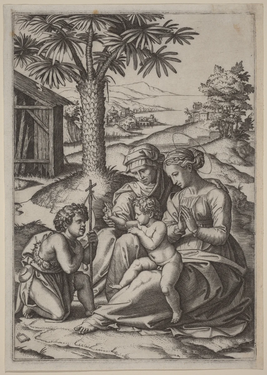 Madonna under a Palm Tree by Marcantonio Raimondi, print, 1480-1534