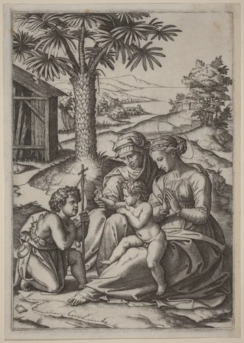 Madonna under a Palm Tree by Marcantonio Raimondi, print, 1480-1534