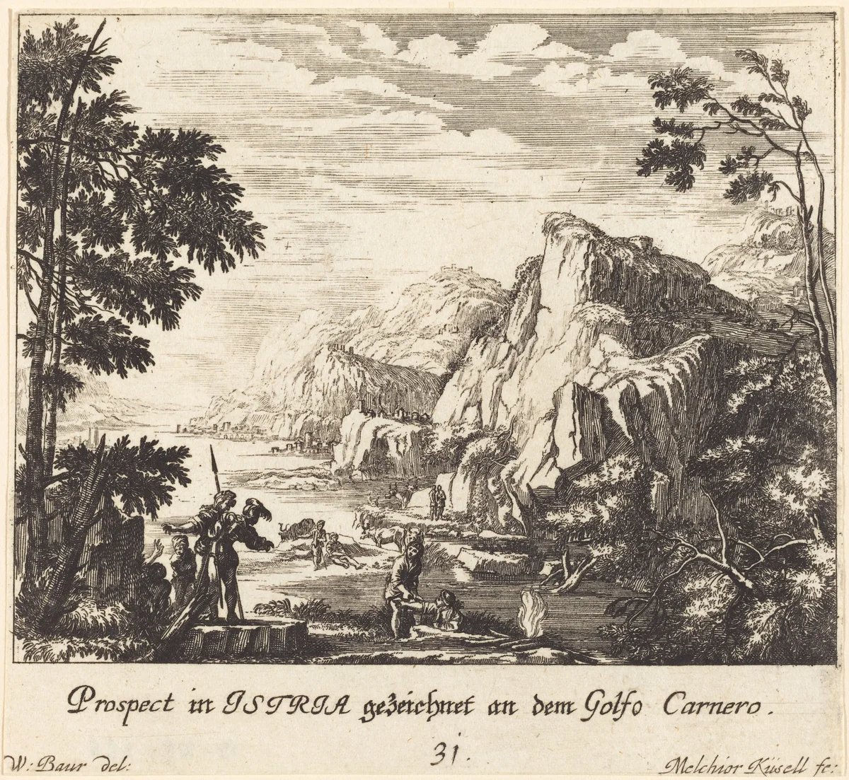 Istria, Carnero Gulf by Melchior Küsel; Johann Wilhelm Baur, print, 1681