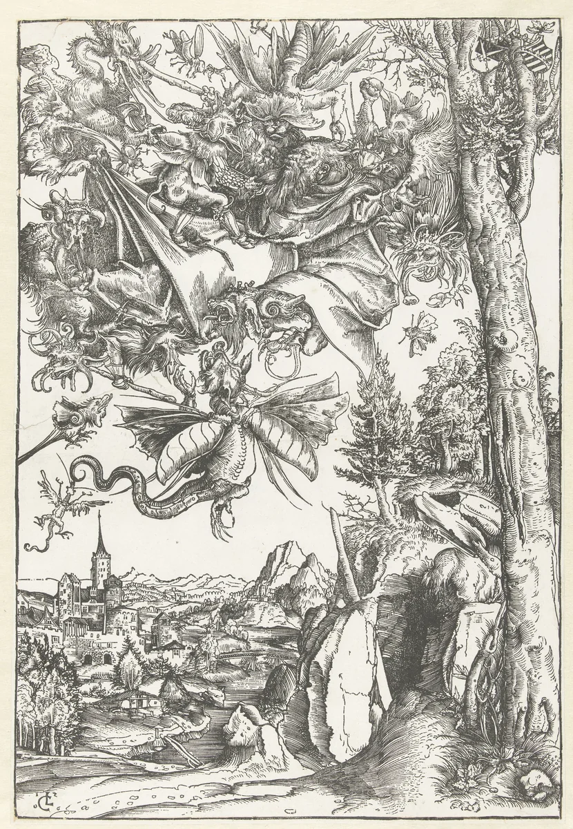 Verzoeking van Antonius met aanval door demonen by Unknown, print, 1506