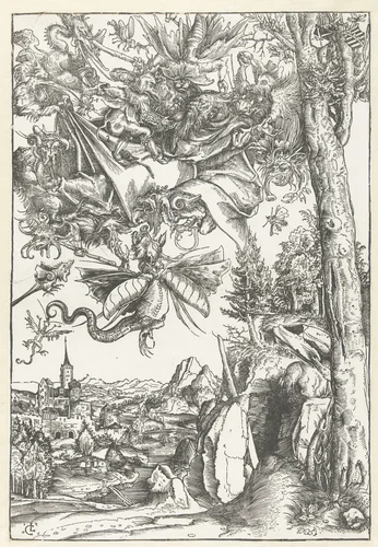 Verzoeking van Antonius met aanval door demonen by Unknown, print, 1506