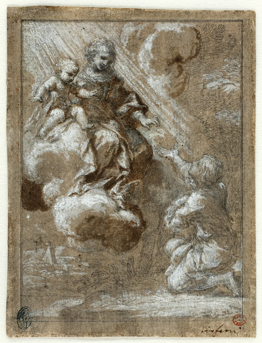 The Madonna and Child in Glory Appearing to a Kneeling Young Man by Ciro Ferri, print, 1655-1659