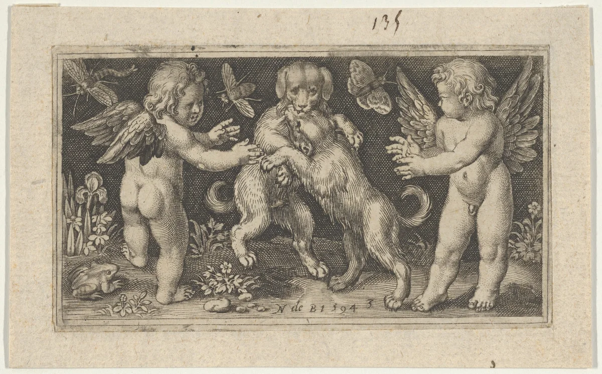 Two Genii with Two Dogs Fighting by Nicolaes de Bruyn, print, 1594