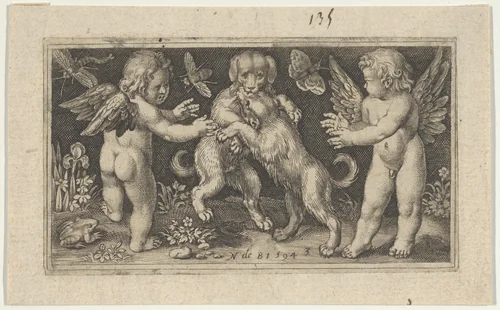 Two Genii with Two Dogs Fighting by Nicolaes de Bruyn, print, 1594