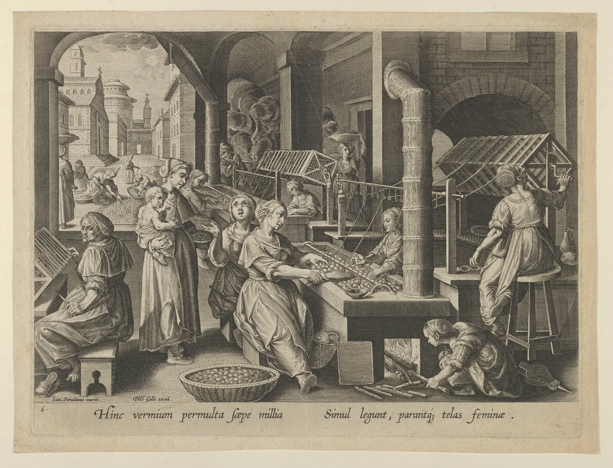 The Reeling of Silk, Plate 6 from "The Introduction of the Silkworm" [Vermis Sericus] by Karel van Mallery, print, 1595