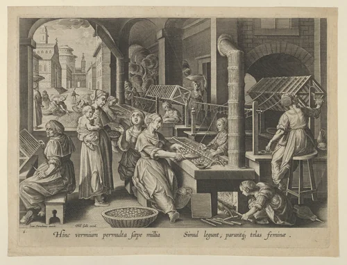 The Reeling of Silk, Plate 6 from "The Introduction of the Silkworm" [Vermis Sericus] by Karel van Mallery, print, 1595