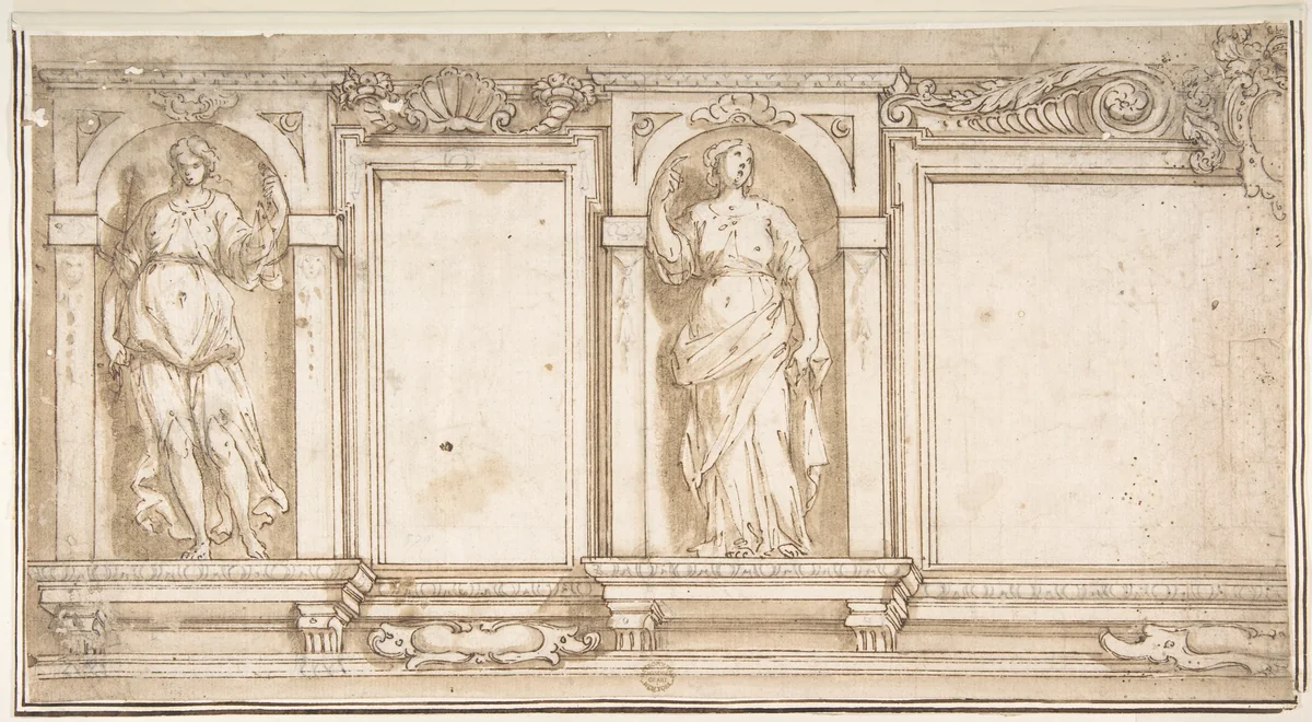 Design for Wall Decoration with Two Female Figures by Niccolò Circignani, drawing, 1500-1600