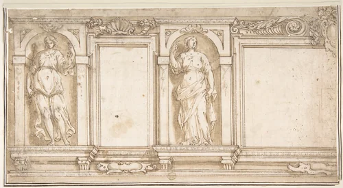 Design for Wall Decoration with Two Female Figures by Niccolò Circignani, drawing, 1500-1600
