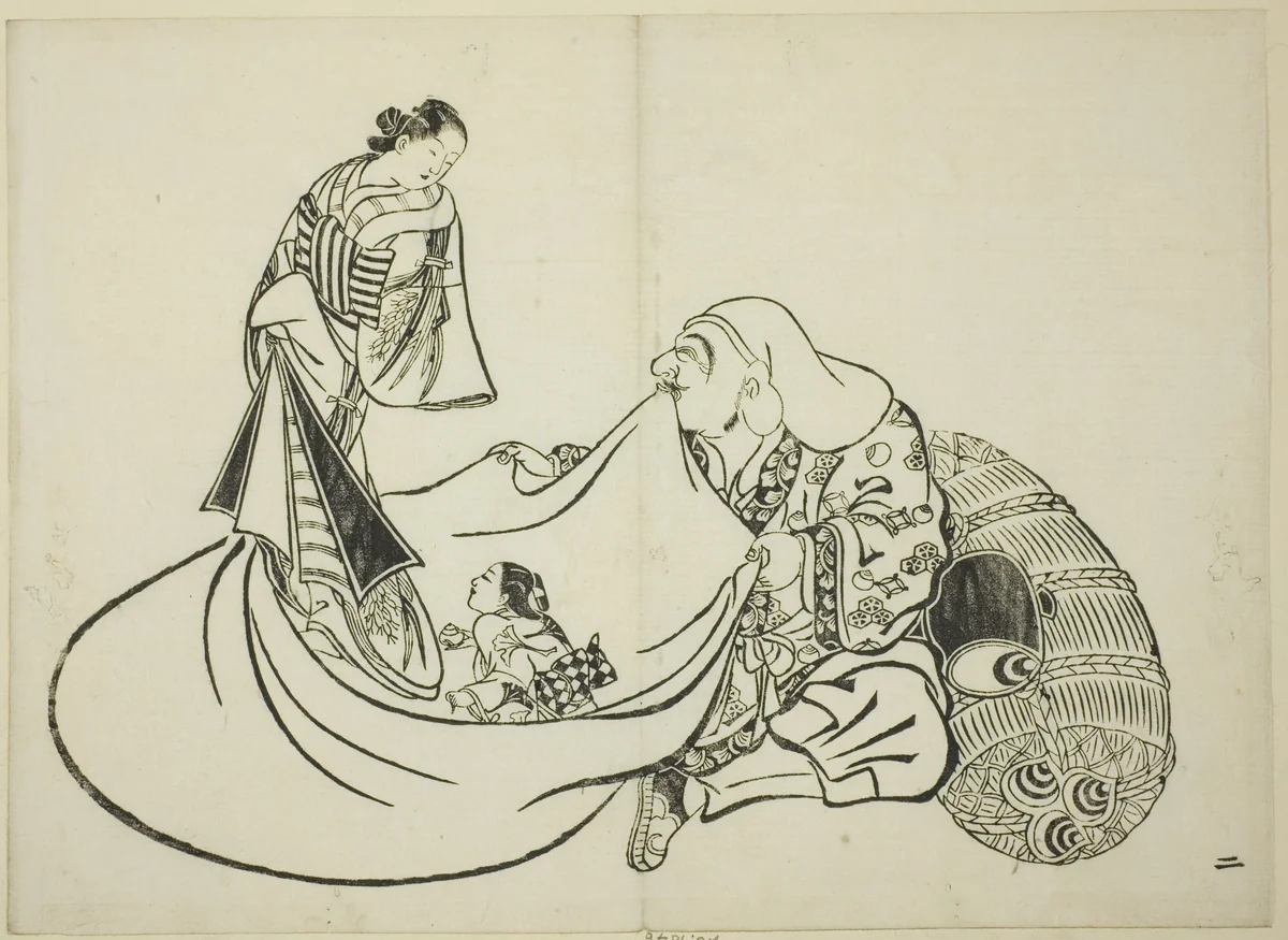 Daikoku revealing the contents of Hotei's bag, no. 2 from the series of 12 prints by Okumura Masanobu (奥村政信), print, 1703-1713