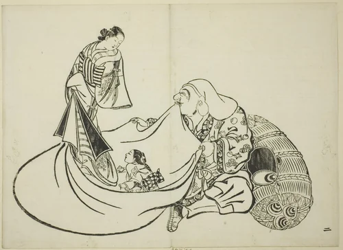 Daikoku revealing the contents of Hotei's bag, no. 2 from the series of 12 prints by Okumura Masanobu (奥村政信), print, 1703-1713