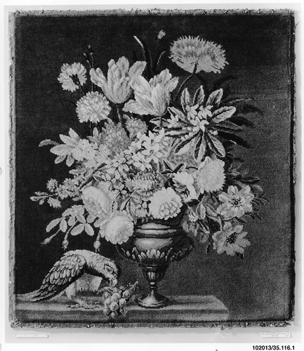 Flowers in a golden vase, with a parrot by Savonnerie Manufactory, textile, 1685-1715