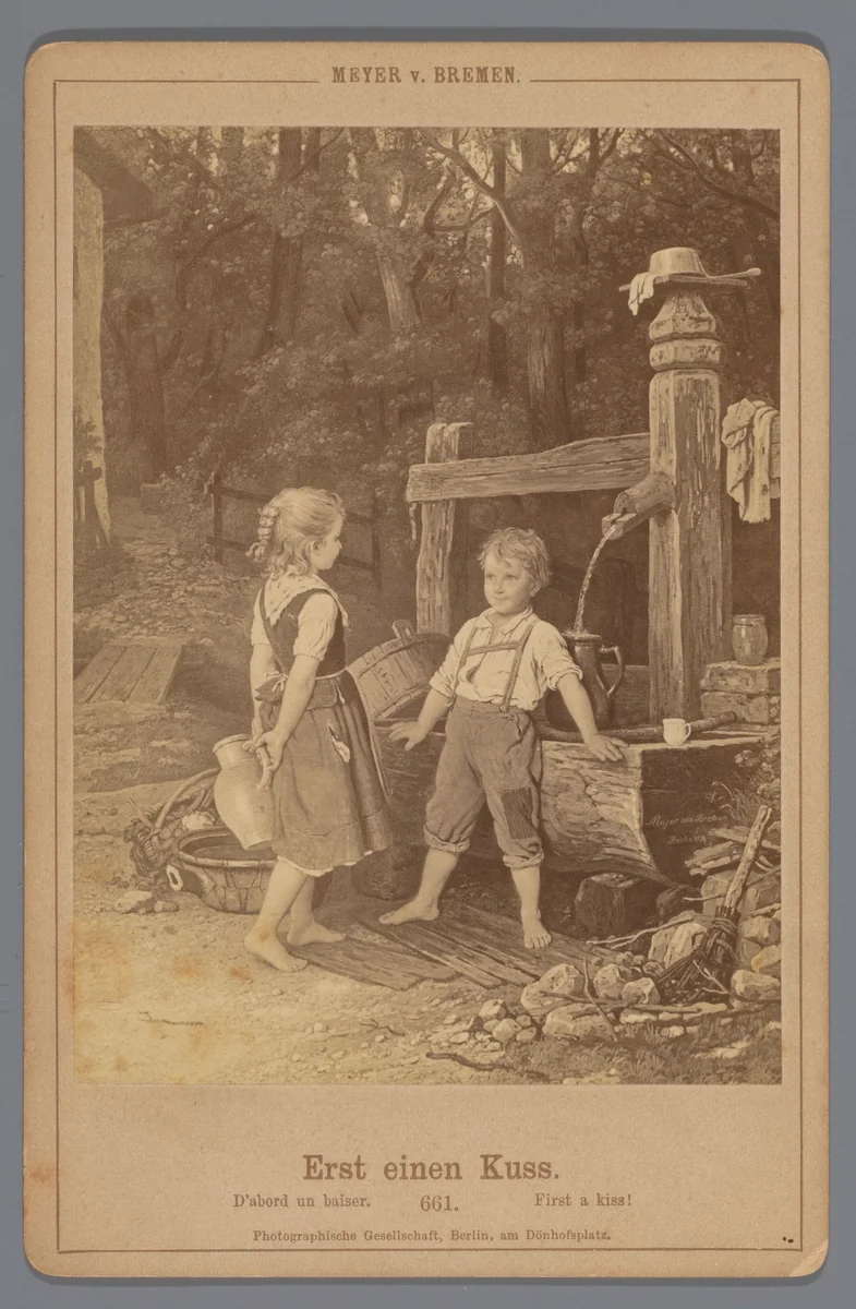 Fotoreproductie van het schilderij 'Erst einen Kuss' door Johann Georg Meyer by anonymous, photograph, 1872-1890