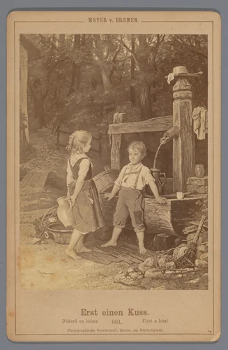 Fotoreproductie van het schilderij 'Erst einen Kuss' door Johann Georg Meyer by anonymous, photograph, 1872-1890