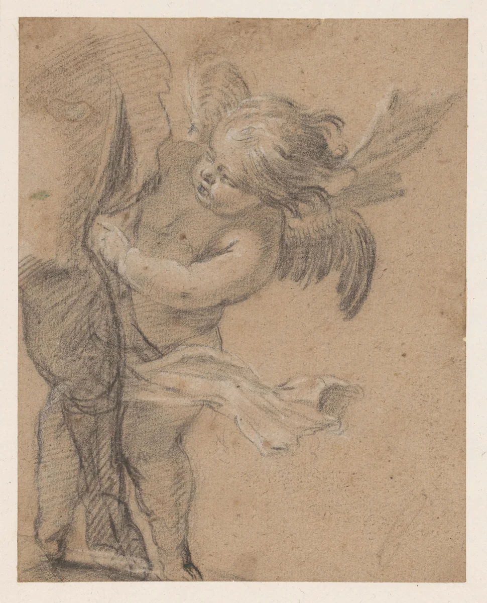 Engeltje bij het been van de H. Rochus by Simon Vouet, drawing, 1600-1659
