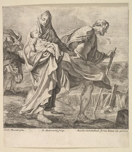 Flight into Egypt by Robert van Audenaerde, print, 1663-1743