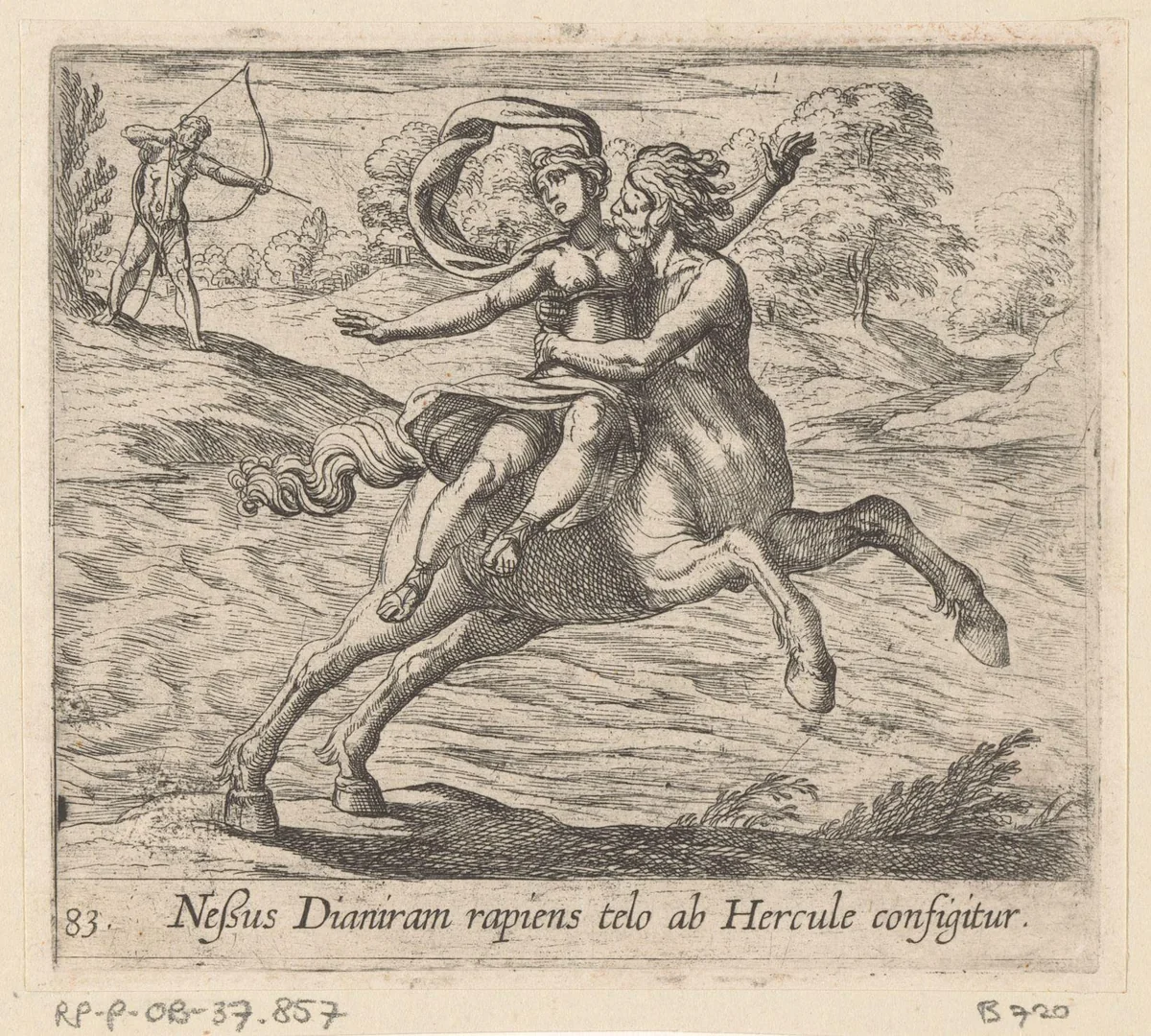 Hercules doodt de centaur Nessus by Antonio Tempesta, print, 1606