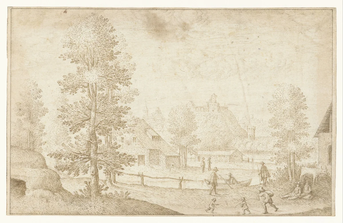 Gezicht op een dorp aan het water by Unknown, drawing, 1500-1556