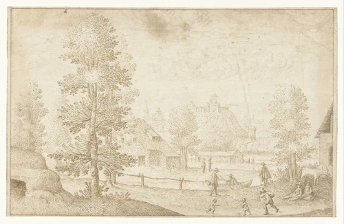 Gezicht op een dorp aan het water by Unknown, drawing, 1500-1556