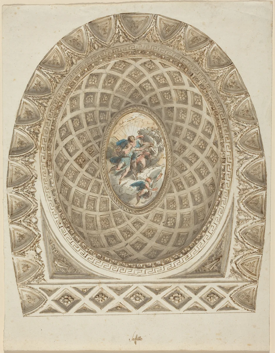 A Coffered Dome with Apollo and Phaeton by Felice Giani, drawing, 1787