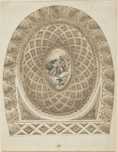 A Coffered Dome with Apollo and Phaeton by Felice Giani, drawing, 1787