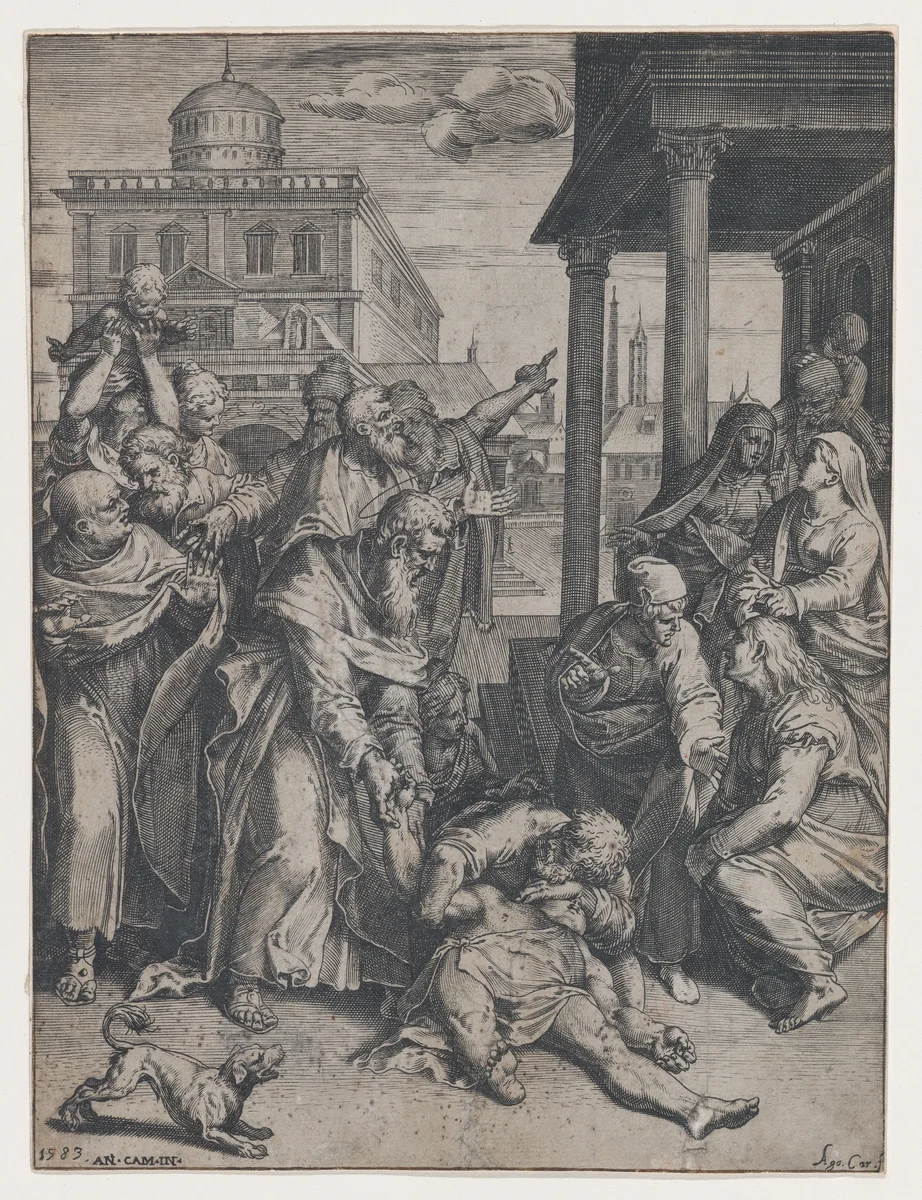 Saint Paul raising Patroclus who is on the ground, surrounded by a group of onlookers, a dog in the foreground at left by Agostino Carracci, print, 1583