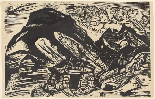 Mountains with a Mountain Hut by Ernst Ludwig Kirchner, print, 1921