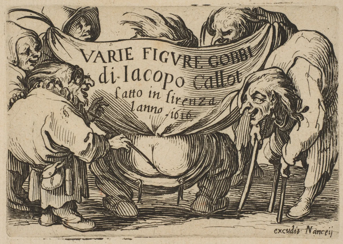 Frontispiece, from "Varie Figure Gobbi, suite appelée aussi Les Bossus, Les Pygmées, Les Nains Grotesques" (Various Hunchbacked Figures, The Hunchbacks, The Pygmes, The Grotesque Dwarfs) by Jacques Callot, print, 1616-1622