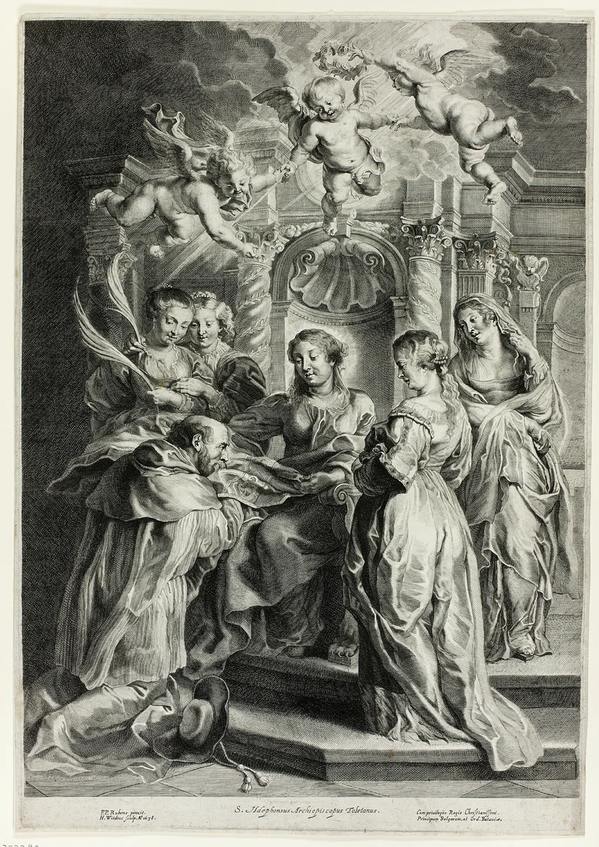 St. Ildefonso before the Virgin by Hans Witdoeck, print, 1638