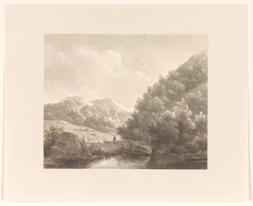 Berglandschap met beekje, herder en schapen by Andreas Schelfhout, drawing, 1797-1870
