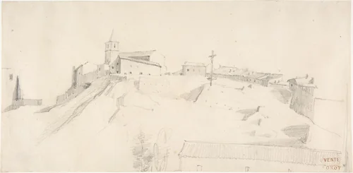 View of a Hill Town with a Crucifix by Camille Corot, drawing, 1830-1839