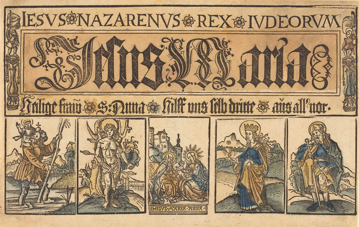 Saint Anne, The Madonna and Child and Saints Christopher, Sebastian, Clara and Roche by German 15th Century, print, 1500-1525