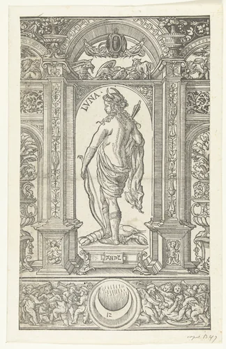Luna (Maan) met pijl en boog en sterrenbeeld Kreeft in architecturale omlijsting by Unknown, print, 1483-1581