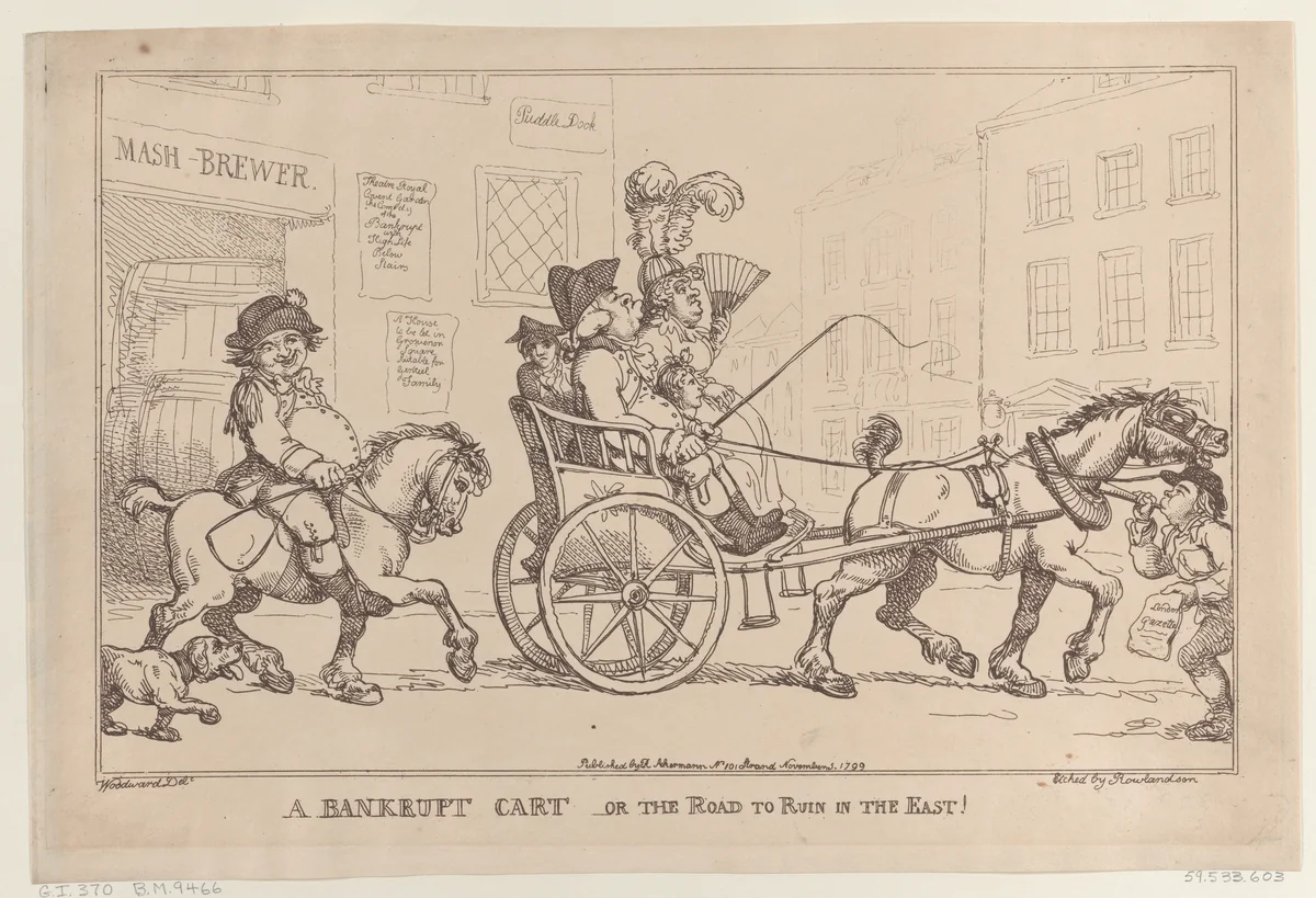 A Bankrupt Cart, or The Road to Ruin in the East! by Thomas Rowlandson, print, 1799
