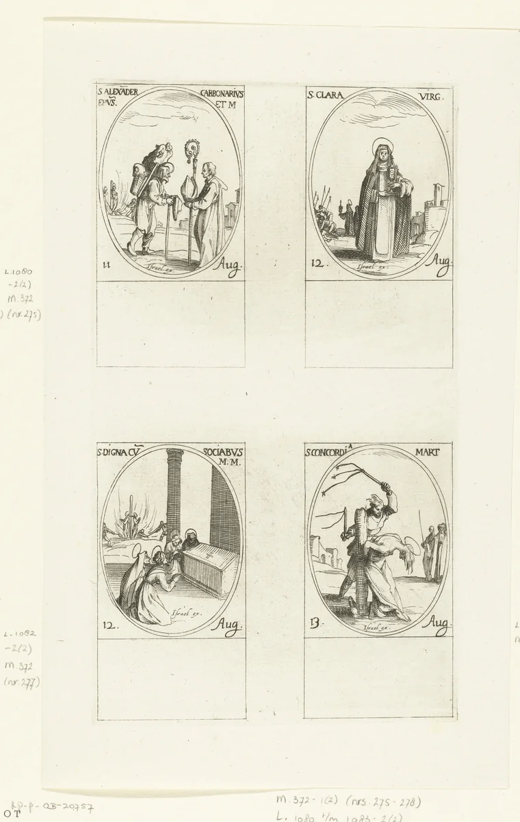 Heilige Alexander Carbonarius, Heilige Clara van Assisi, Heilige Digna en gezellen, Heilige Concordia (11-13 augustus) by Jacques Callot, print, 1632-1636
