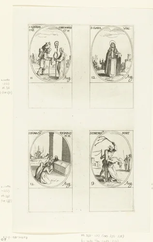 Heilige Alexander Carbonarius, Heilige Clara van Assisi, Heilige Digna en gezellen, Heilige Concordia (11-13 augustus) by Jacques Callot, print, 1632-1636