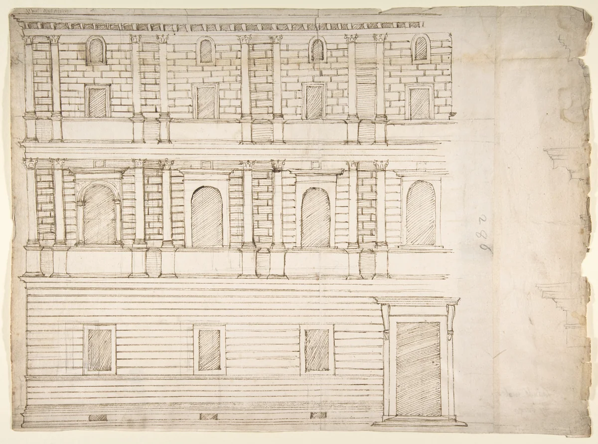 Palazzo Giroud Torlioni, elevation, cornice details (recto) Calculation table (verso) by anonymous, drawing, 1500-1560